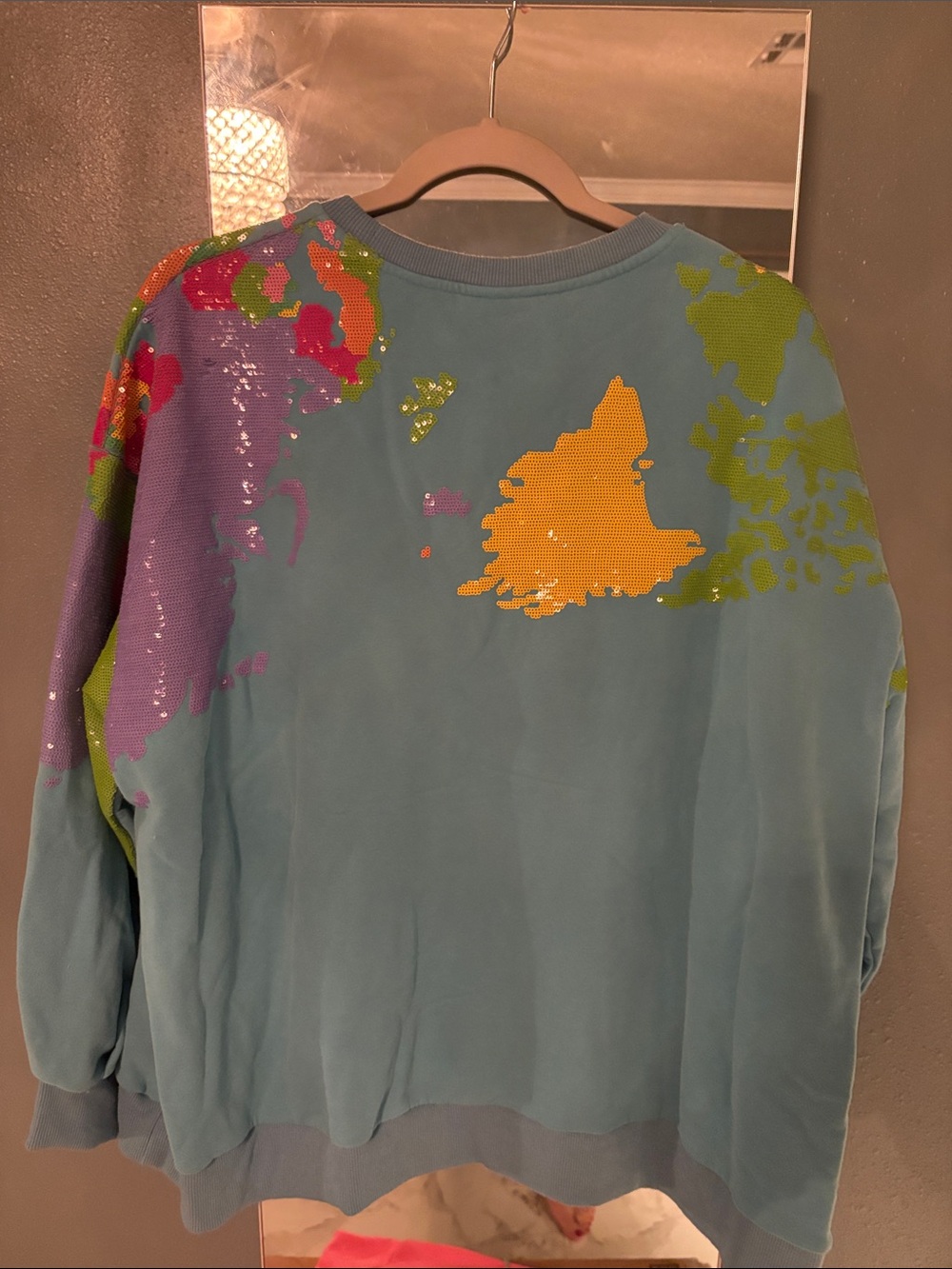 QUEEN OF SPARKLES Blue World Map Sequin Sweatshirt - Picture 3 of 3